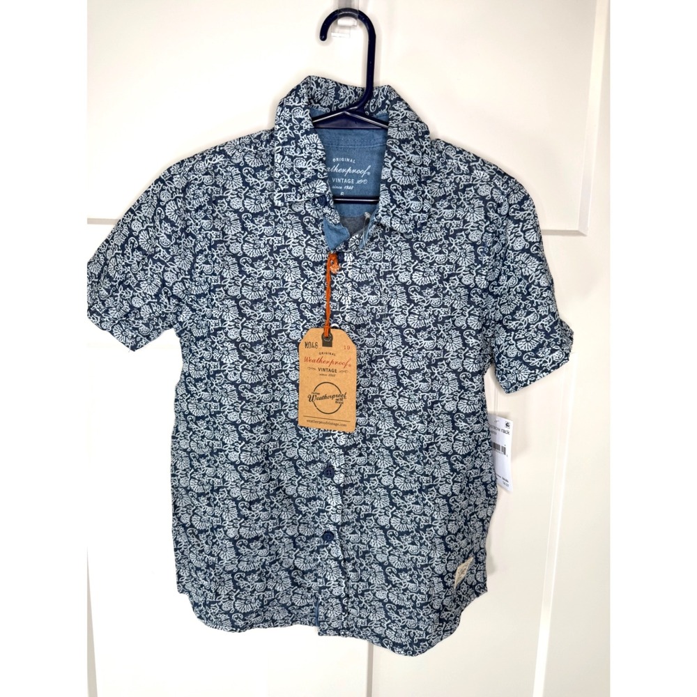 Weatherproof Vintage Boys Navy White Floral Paisley Button Down Shirt Size 6 NWT